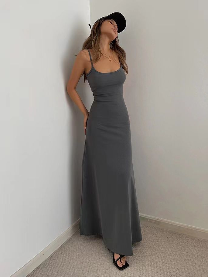 Vestido maxi informal de verano con tirantes finos, básico y sexy para mujer, de color liso