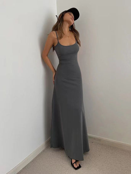Vestido maxi informal de verano con tirantes finos, básico y sexy para mujer, de color liso