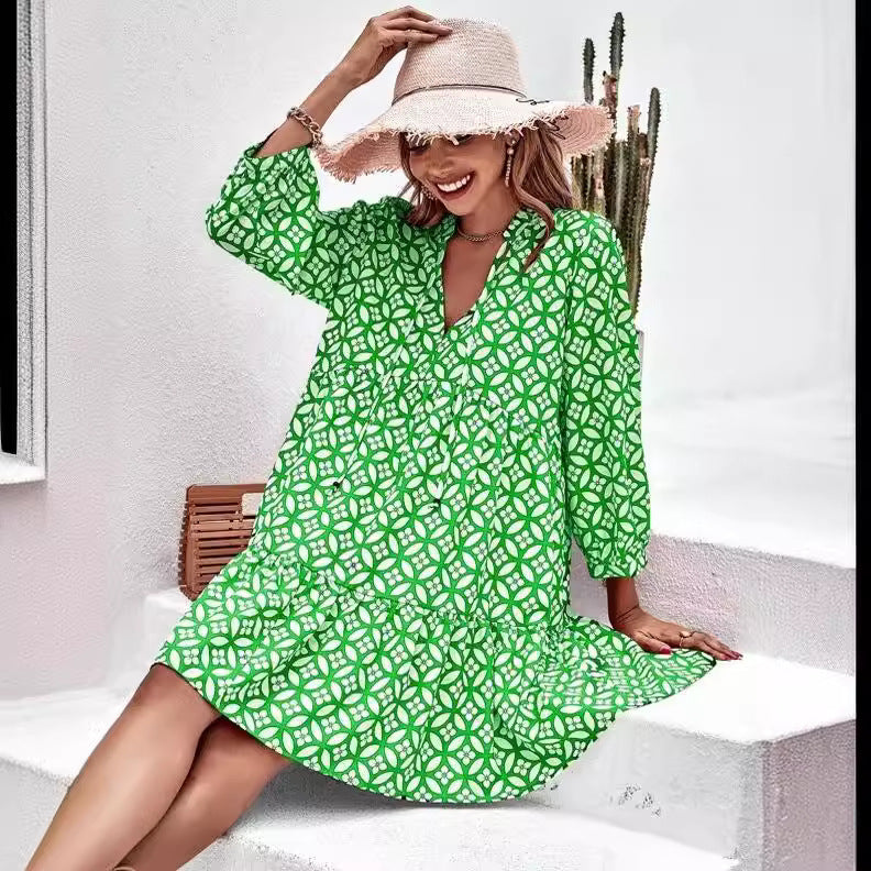 Women Fashion Casual Printed Long Sleeve Loose Dress