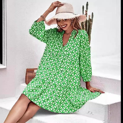 Women Fashion Casual Printed Long Sleeve Loose Dress
