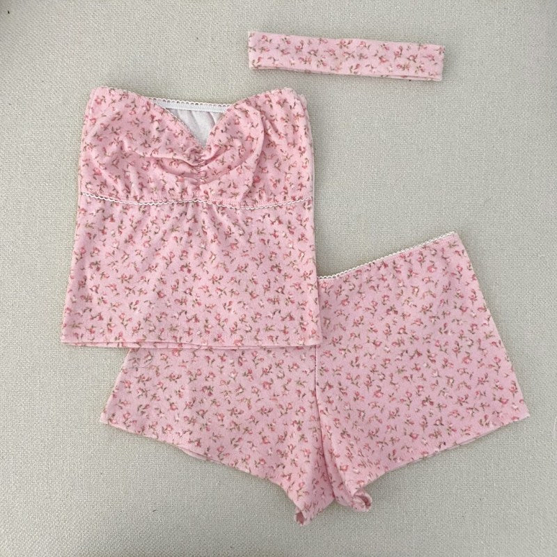 Summer Vacation Women Casual Floral Printing Stretch Tube Top Lace Shorts Set