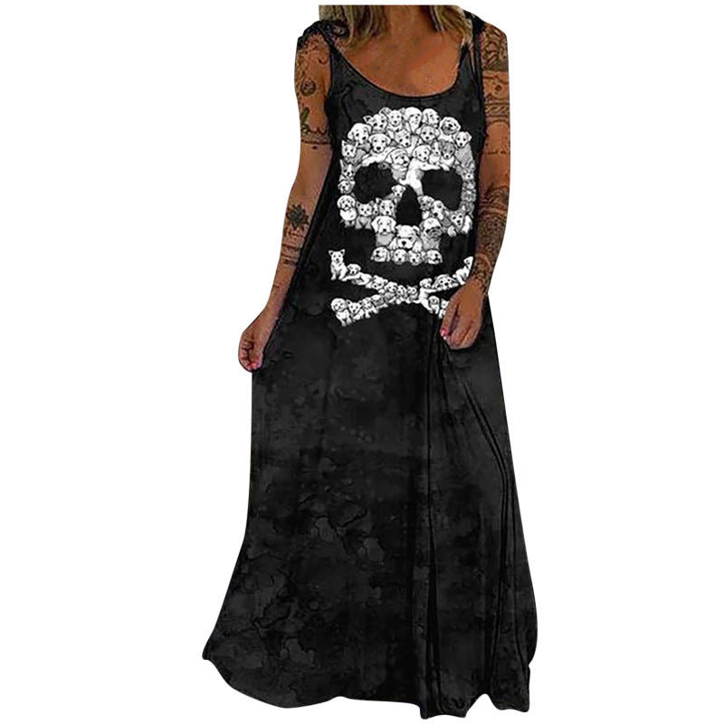 Casual Boho Stlye Women Halloween Skull Print Loose Maxi Dress
