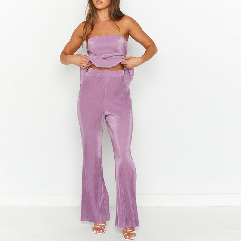 Conjunto de dos piezas formado por top de tubo y pantalón recto, color liso, sexy, sin espalda, para mujer