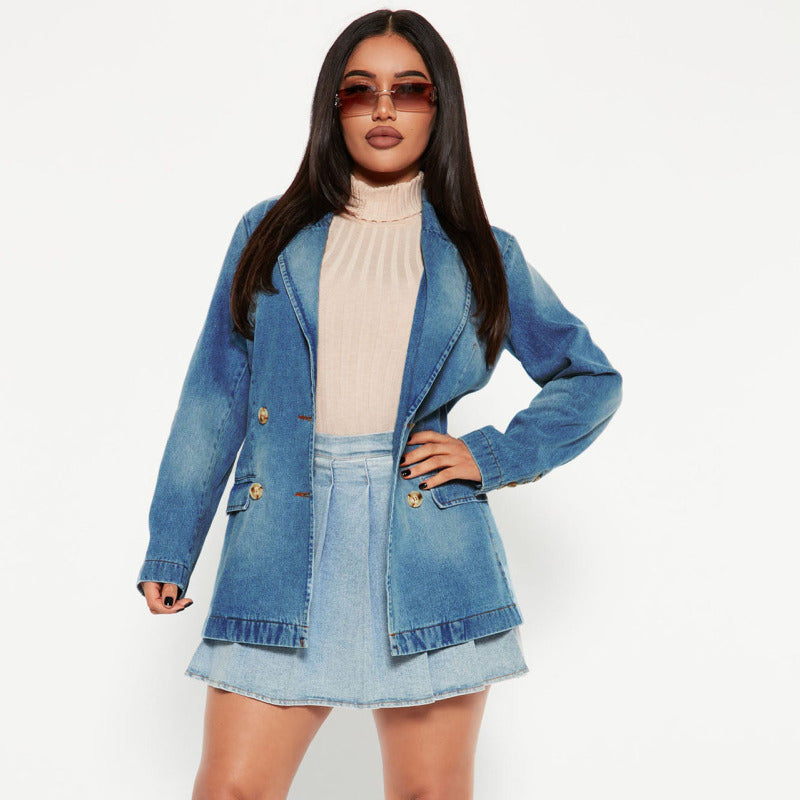 Abrigo vaquero informal de manga larga con solapa holgada y botones para mujer