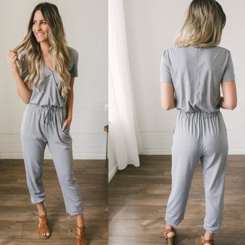 Women Casual Simple Solid Color Waist Drawstring Jumpsuits