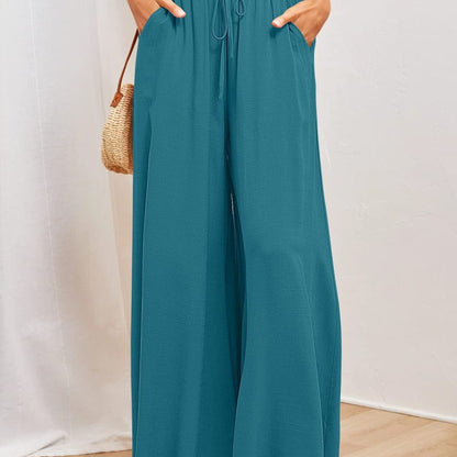 Women Fashion Casual Solid Color Elastic Waist Wide Leg Pants