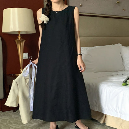 Women Fashion Minimalist Casual Solid Color Round Neck Sleeveless Dress