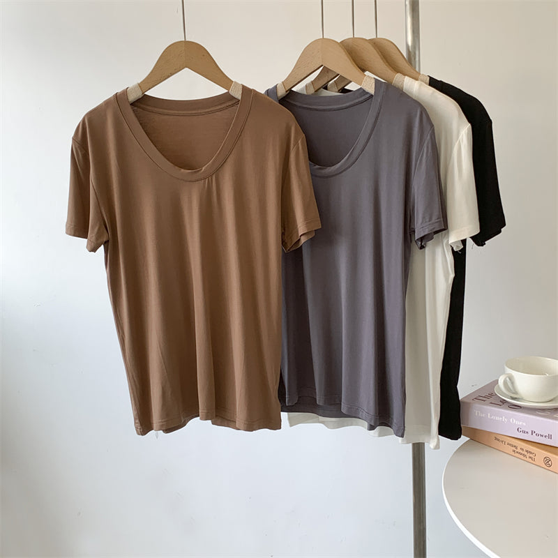 Camiseta informal de verano para mujer, color liso, cuello en U, manga corta, sin mangas