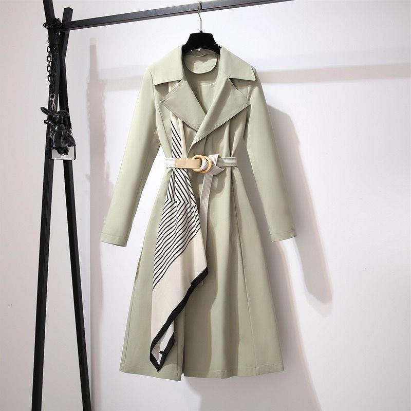 Women Fashion Casual Solid Color Silk Scarf Belt Long Sleeve Coat Jacket