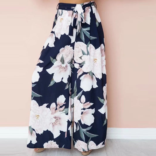Pantalones anchos informales de cintura alta con estampado floral sencillo para mujer