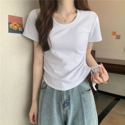 Women Casual Solid Color Drawstring Round Neck Short Sleeve Blank T-Shirt