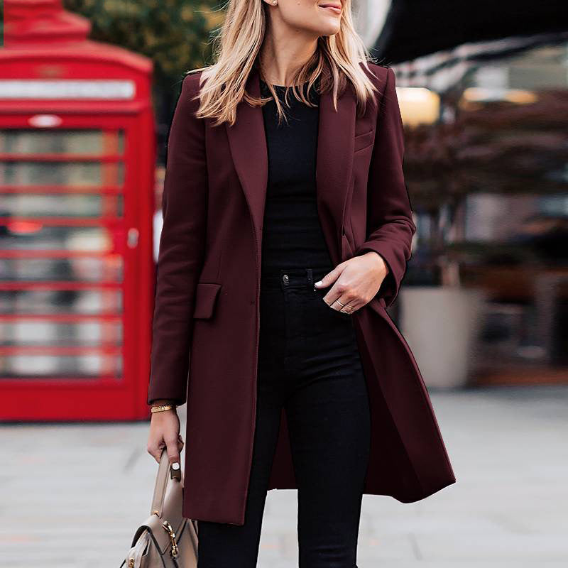 Autumn Winter Women Fashion Casual Solid Color Lapel Long Blazer Jacket