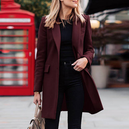 Autumn Winter Women Fashion Casual Solid Color Lapel Long Blazer Jacket