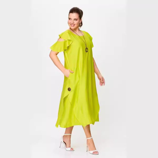 Summer Women Casual Solid Color Plus Size Ruffled Short Sleeve Dress