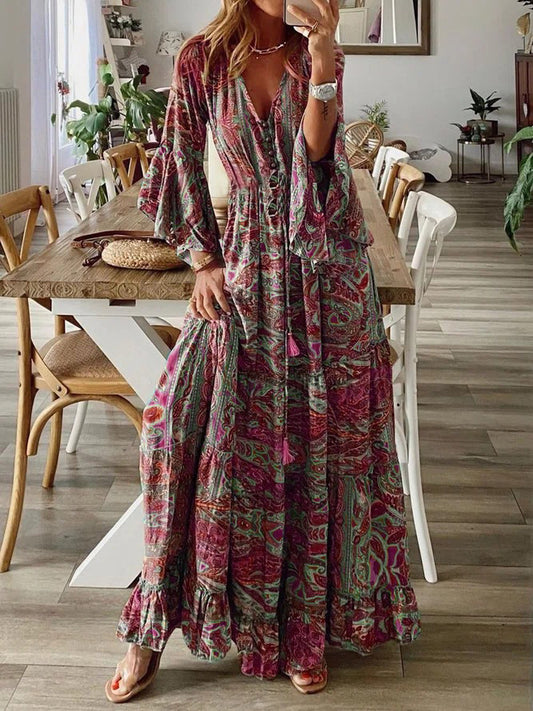 Bohemian Women Casual Flare Sleeve Printed V-Neck Maxi Dress