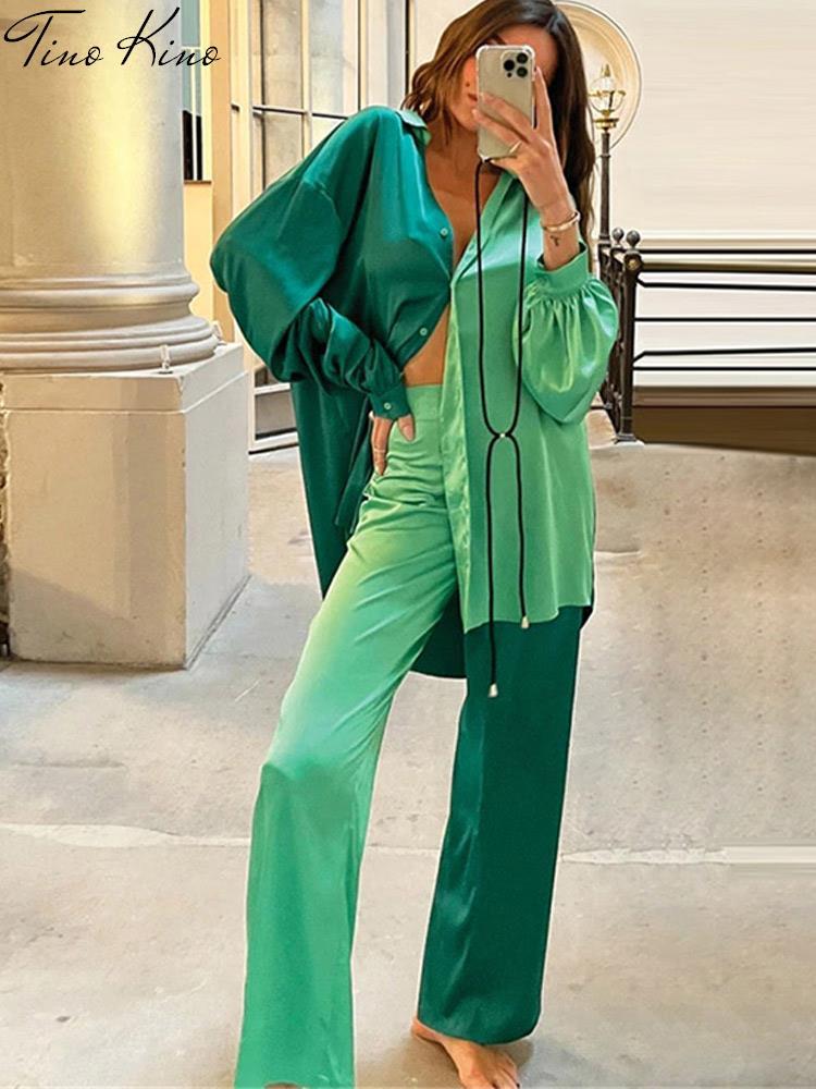 Conjunto de dos piezas formado por camisa y pantalón de retazos para mujer, informal, de manga larga, blusa y pantalón de cintura alta