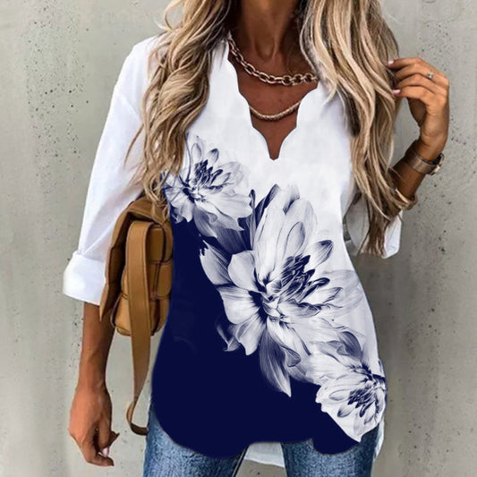 Autumn Winter Women Casual Wavy Neckline Long Sleeve Floral Blouse