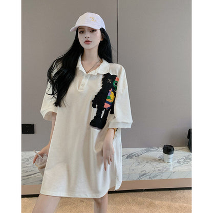 Women Casual Cute Cartoon Pattern Short Sleeve Lapel Dress
