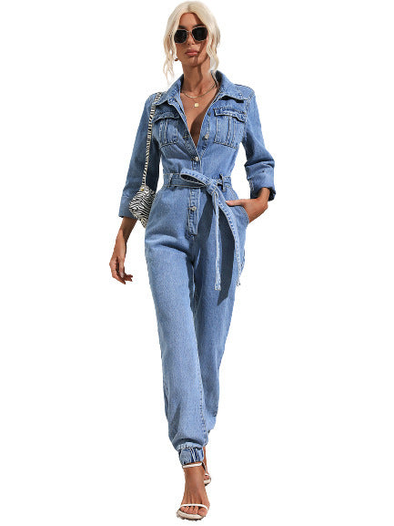 Women Fashion Casual Lapel Long Sleeve Pocket Denim Jumpsuits