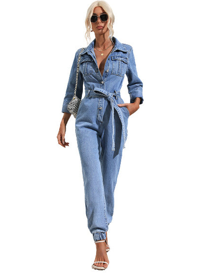 Women Fashion Casual Lapel Long Sleeve Pocket Denim Jumpsuits