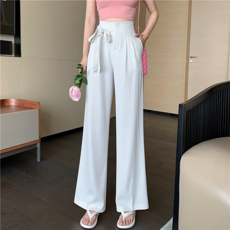 Women Fashion Casual Solid Color Bowknot Office Chic Wide Leg Pants