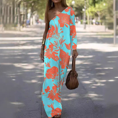Women Casual Solid Color Loose One Sleeve Maxi Dress