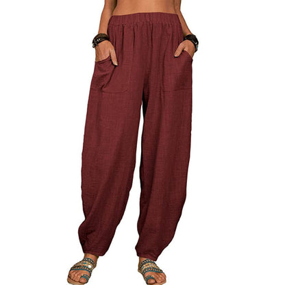 Women Fashion Casual Cotton Linen Solid Color Loose Harem Pants
