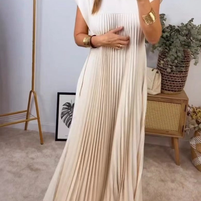 Women Fashion Casual Round Neck Short Sleeve Pleated Maxi Dress