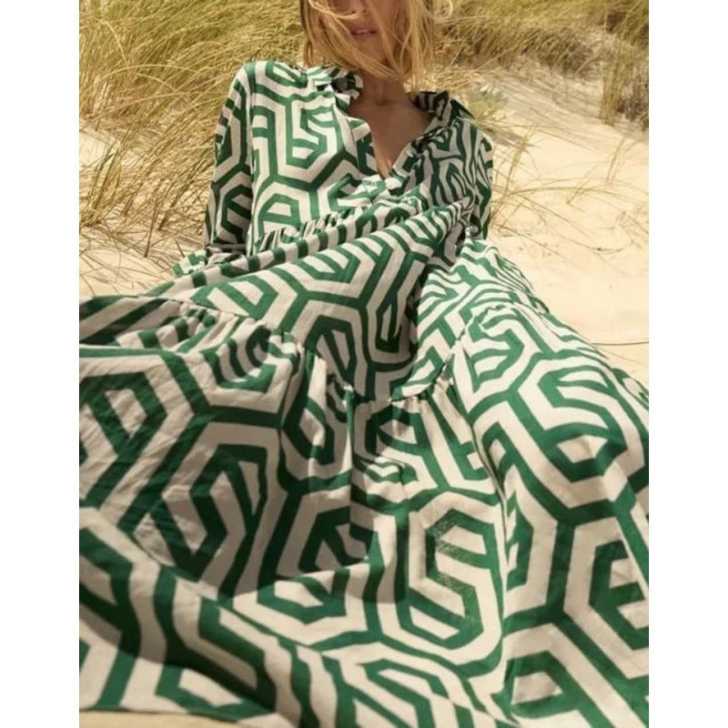 Vestido largo holgado con estampado geométrico estilo bohemio informal