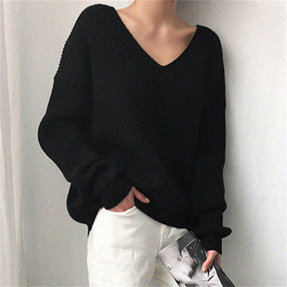 Autumn Winter Women Solid Color Casual V-Neck Long Sleeve Knitted Sweater