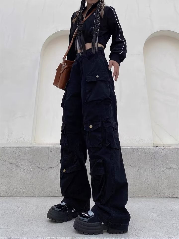 Tall Street Wide-Leg Overalls Women Straight Design Multi-Pocket Casual Pants