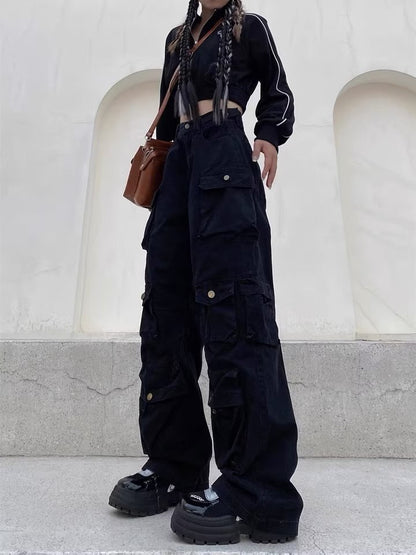 Tall Street Wide-Leg Overalls Women Straight Design Multi-Pocket Casual Pants