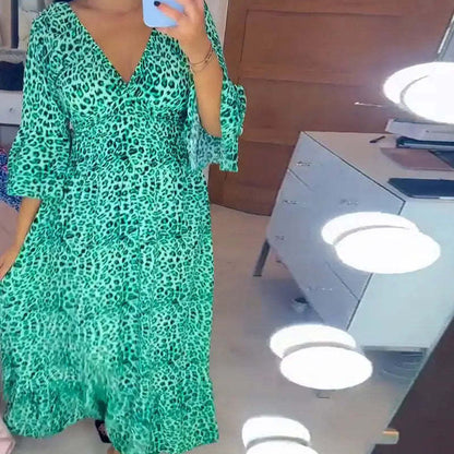 Vestido largo informal holgado estilo bohemio para mujer, elegante, de otoño, con escote en V profundo y estampado de leopardo para vacaciones en la playa