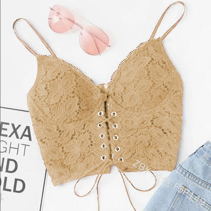 Women Edgy Casual Sleeveless Solid Color Lace Crop Camisole Bra