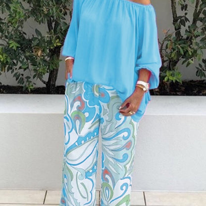 Conjunto de dos piezas para mujer: top de color liso con hombros descubiertos y pantalón estampado informal