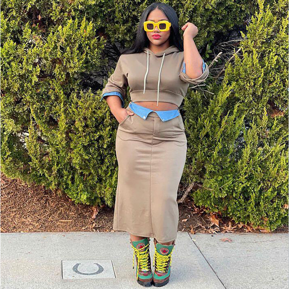 Conjunto de dos piezas formado por sudadera y falda dividida, manga larga, costura vaquera, informal, para mujer, otoño e invierno