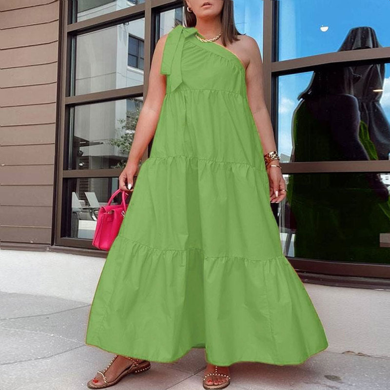 Women Fashion Casual Irregular One Shoulder Solid Color Loose Maxi Dress
