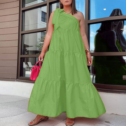 Women Fashion Casual Irregular One Shoulder Solid Color Loose Maxi Dress