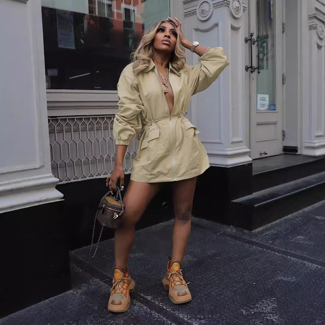 Women Fashion Casual Drawstring Defined Waist Long Sleeve Dress