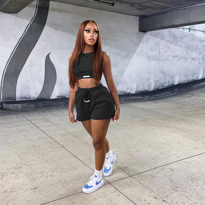 Women Casual Solid Color Label Vest Top And Shorts Two-Piece Set