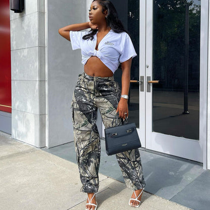 Women Casual Retro Multi-Pocket Camouflage Loose Cargo Pants