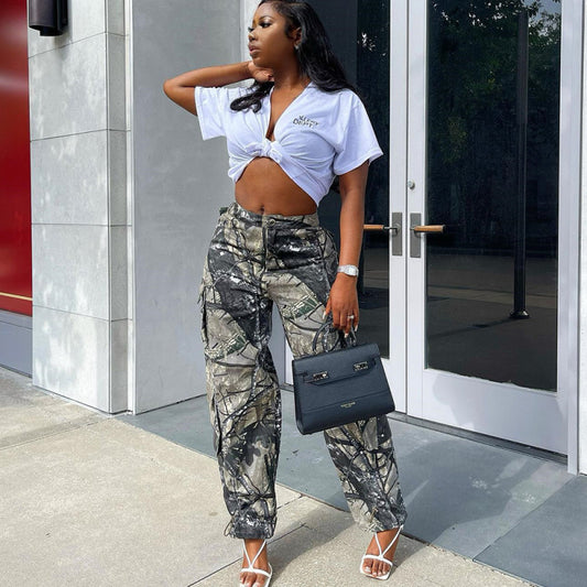 Pantalones cargo holgados de camuflaje con múltiples bolsillos estilo retro informal para mujer