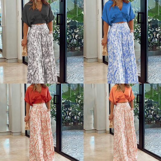 Conjunto de dos piezas para mujer, informal, de vacaciones, con escote en V, mangas cortas, top estampado, cintura definida, pantalones de pierna ancha