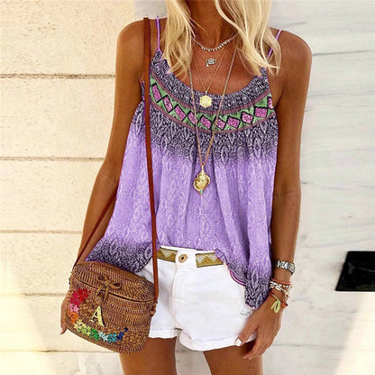 Women Vintage Casual Summer Sleeveless Loose Bohemian Print Tank Top