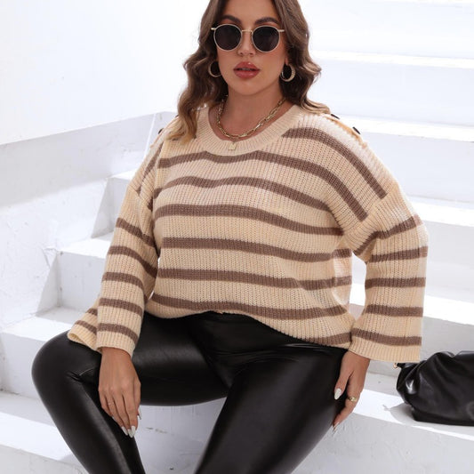 Suéter de punto con cuello redondo y rayas para mujer, informal, de talla grande, para invierno y otoño