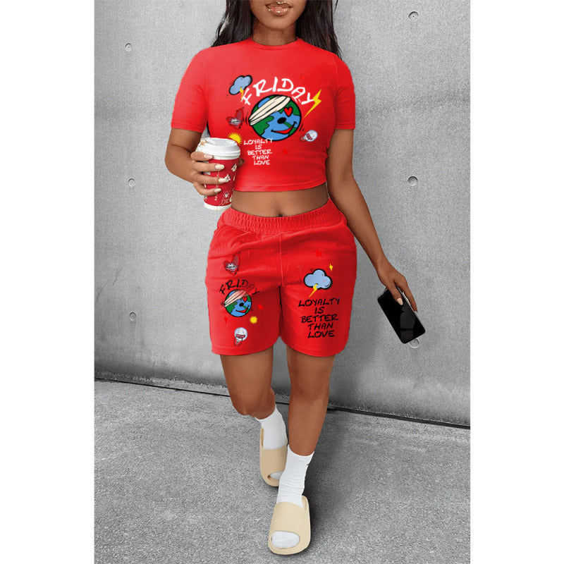 Conjunto informal de dos piezas de camiseta y pantalones cortos de manga corta con estampado de la Tierra para mujer de verano