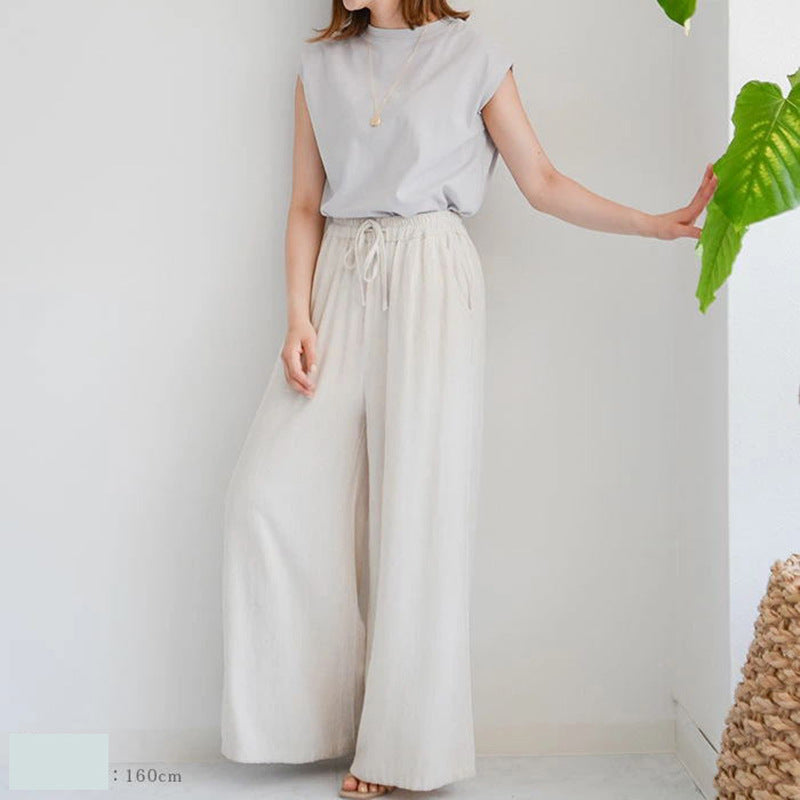 Women Casual Loose Solid Color Mid-Waist Linen Cotton Blend Wide Leg Pants