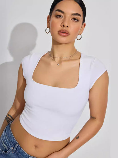 Top corto informal ajustado con cuello cuadrado a la moda para mujer