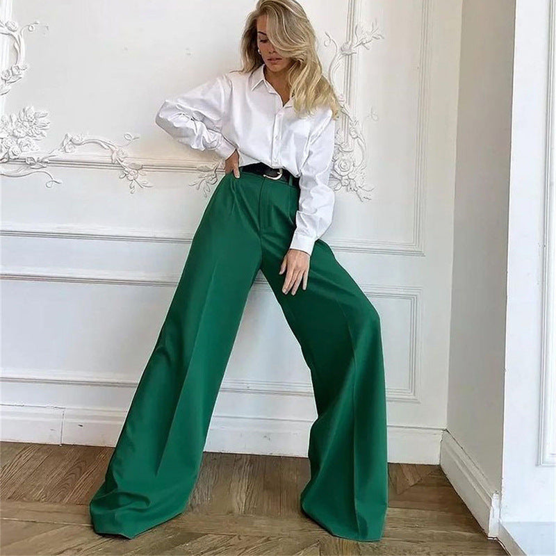 Women Basic Solid Color Casual High Waist Wide-Leg Mopping Pants