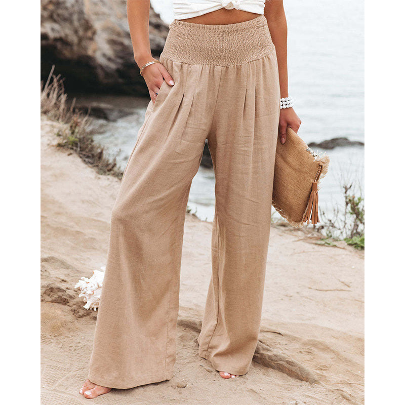 Women Cotton Linen Pockets Solid Loose Casual Wide Leg Long Trousers Pants